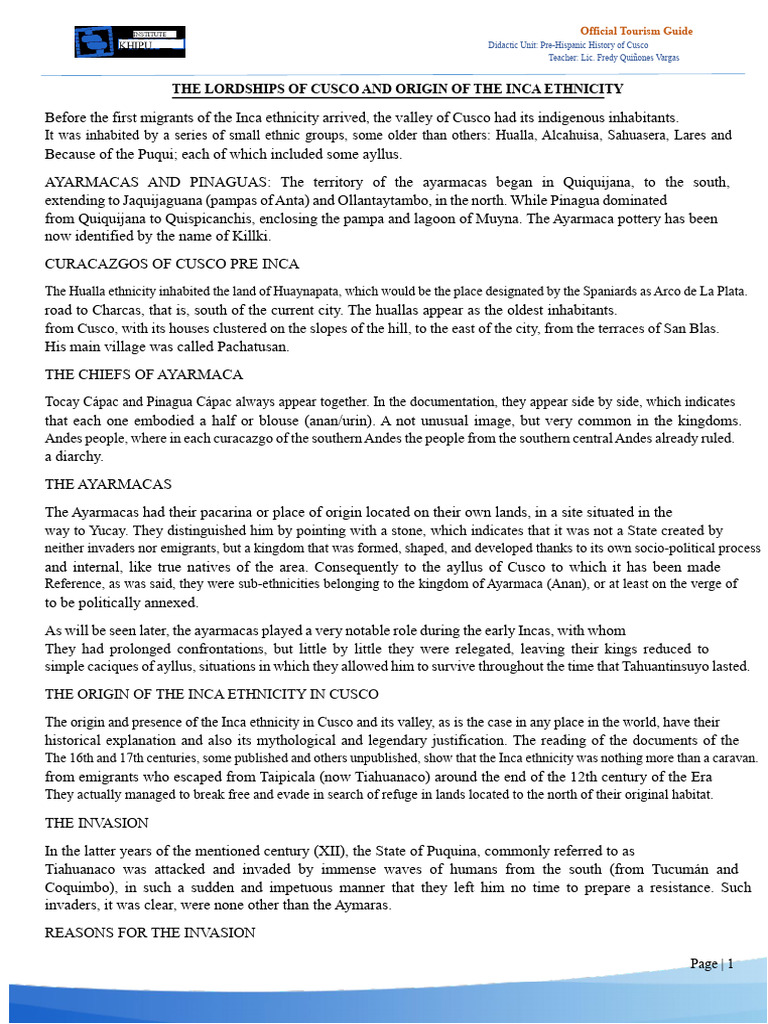 The Lords of Cusco and The Origin of The Inca Ethnicity - Word | PDF ...