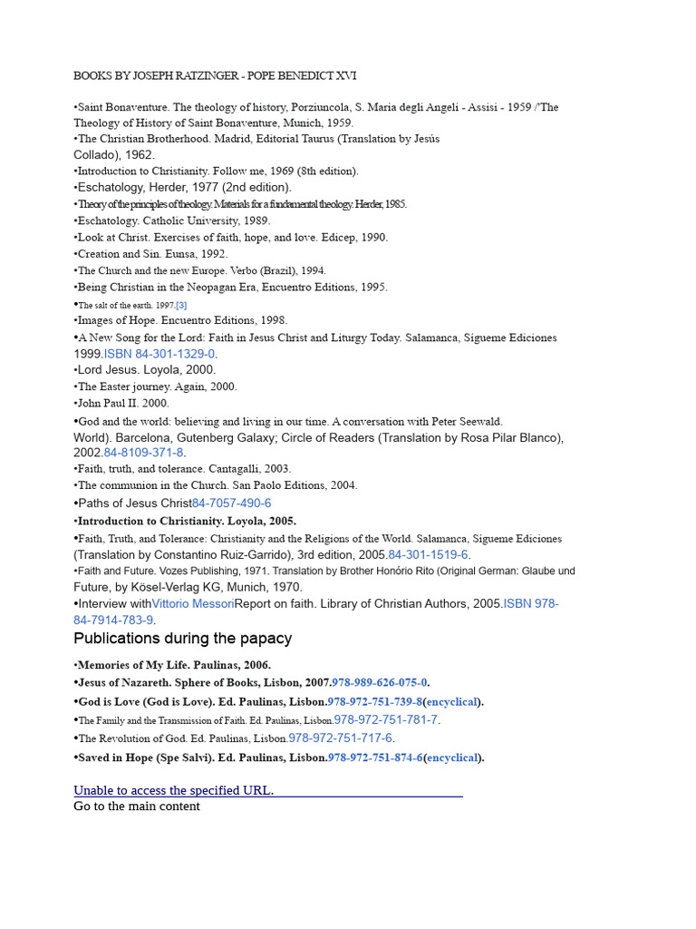 Joseph Ratzinger's Theological Works List | PDF | Catholic Church ...