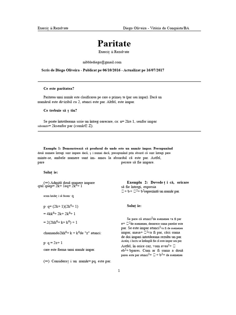 Exerciții Rezolvate Despre Paritate | PDF