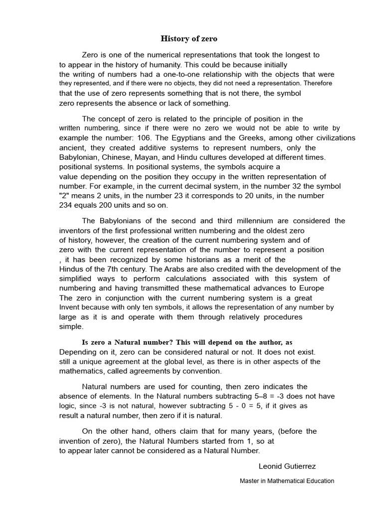 The Evolution of Zero in Mathematics | PDF | Numbers | Natural Number