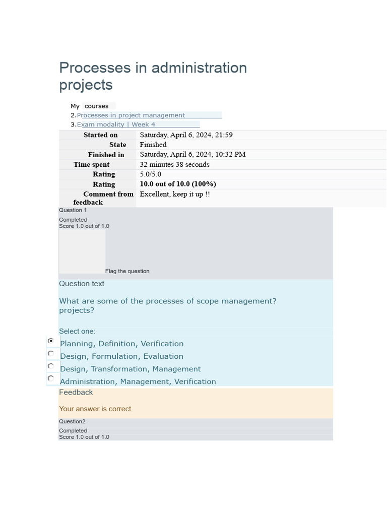 Processes in Project Management WEEK 4 EXAM | PDF