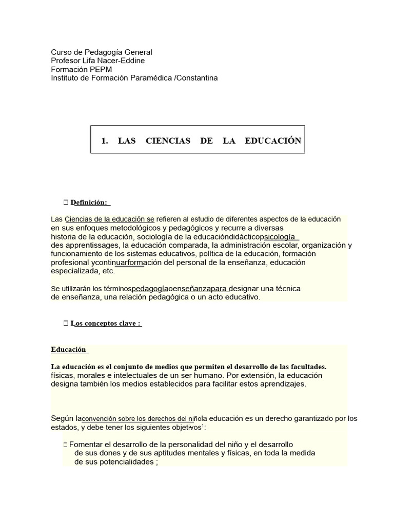 Curso de Pedagogía General 1 Las Ciencias de La Educación P | PDF ...