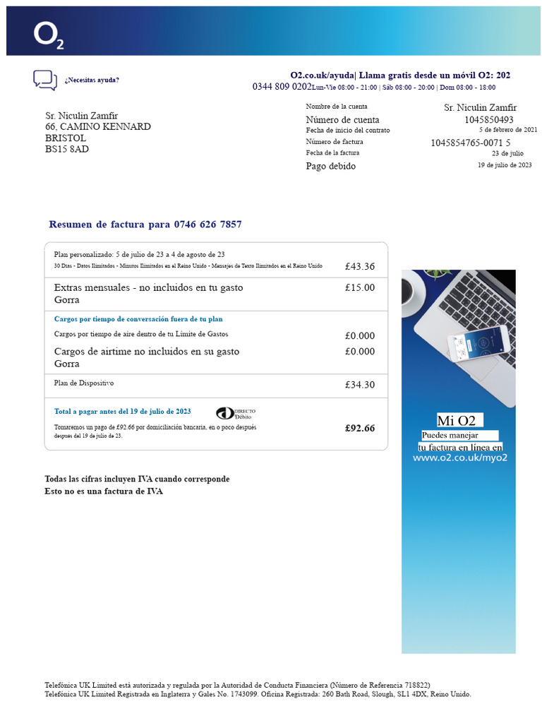 Resumen de Factura O2: Julio 2023 | PDF
