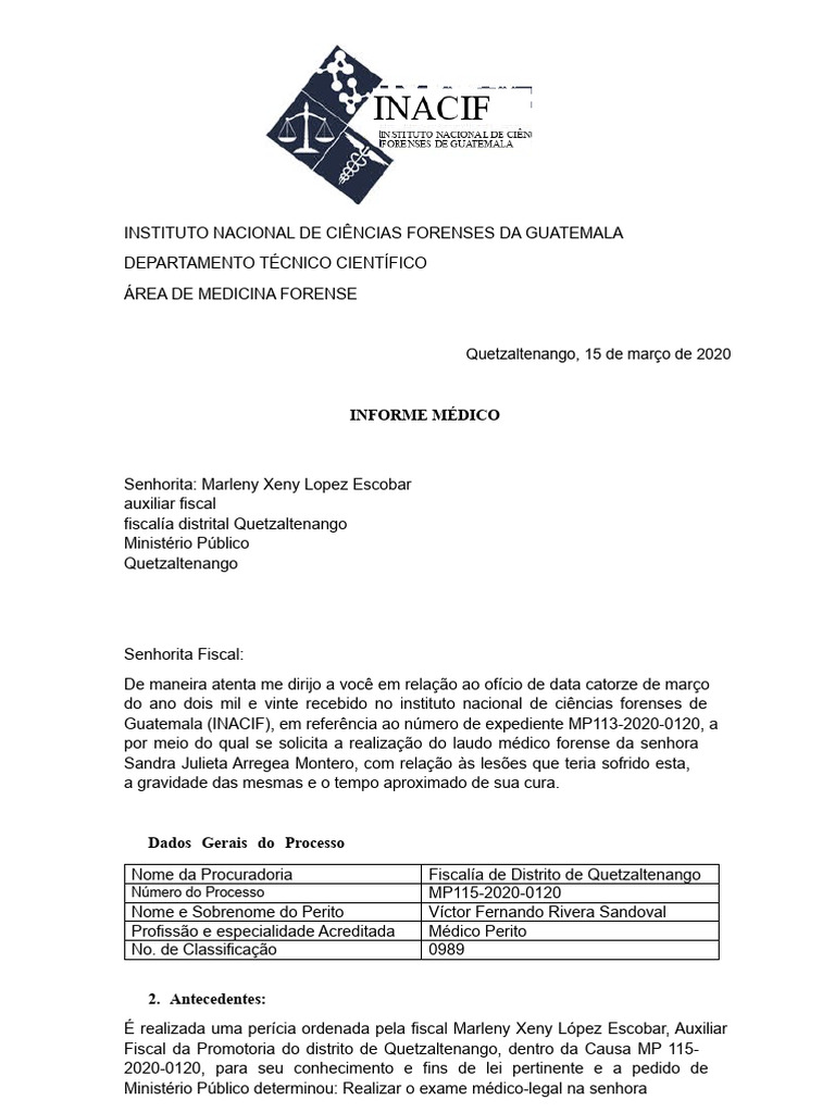 Laudo Médico Forense: Lesões de Sandra Montero | PDF
