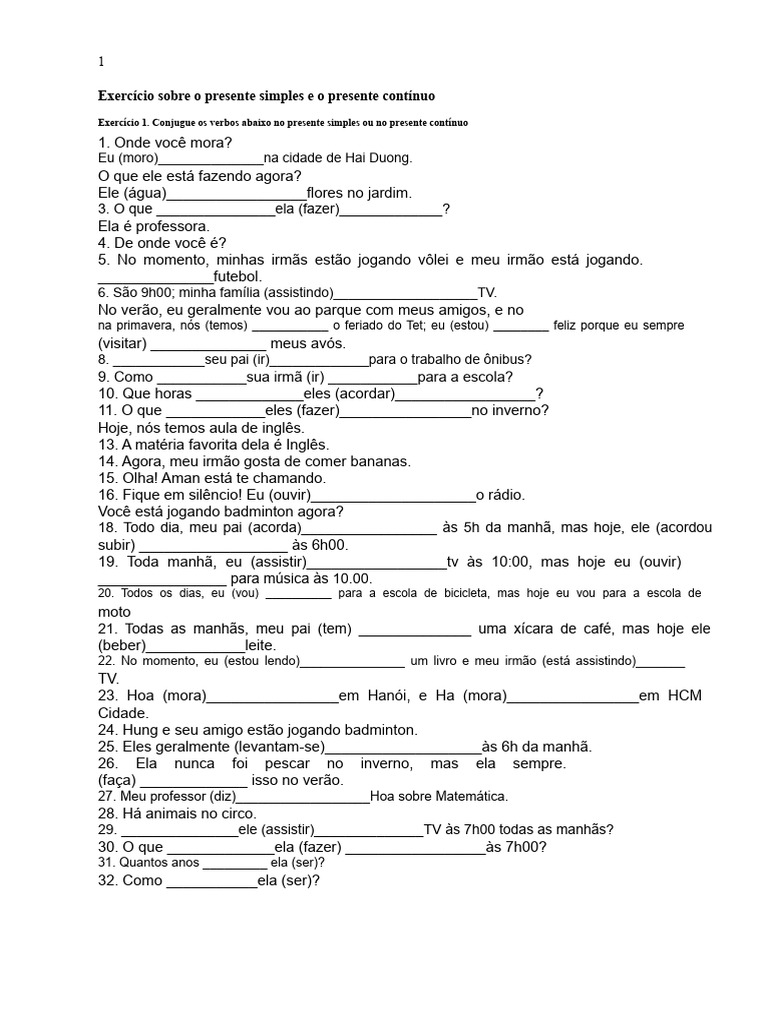 Exercícios de Presente Simples e Contínuo | PDF