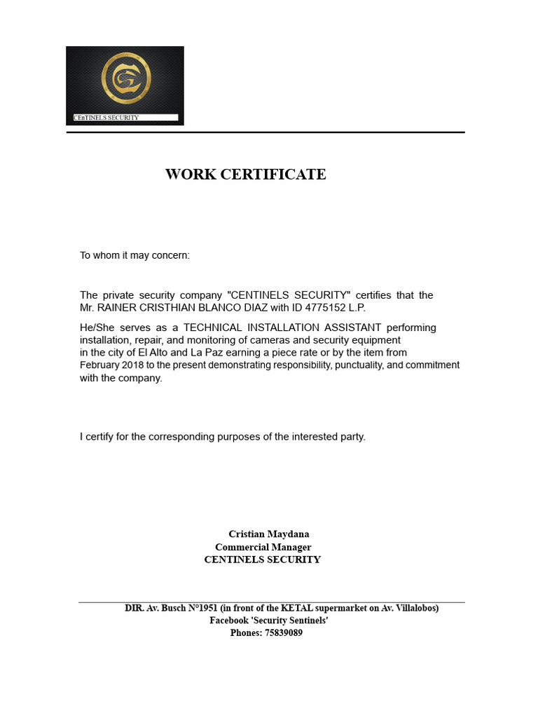 Work Certificate for Technical Assistant | PDF