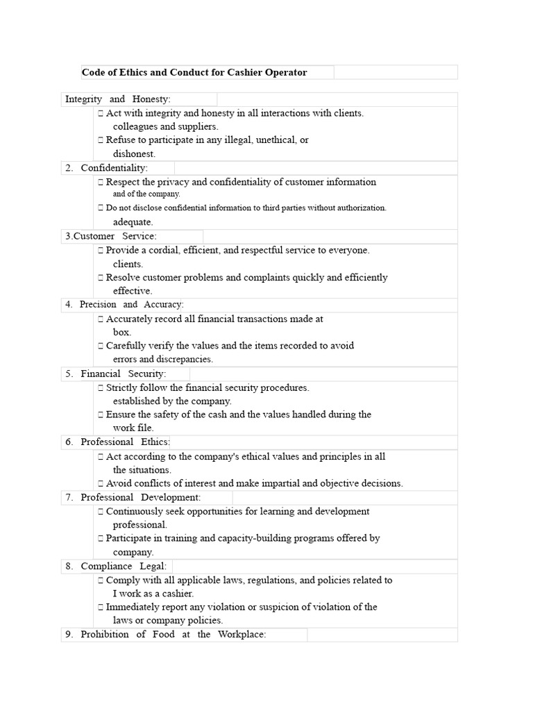 Cashier Operator Code of Conduct | PDF