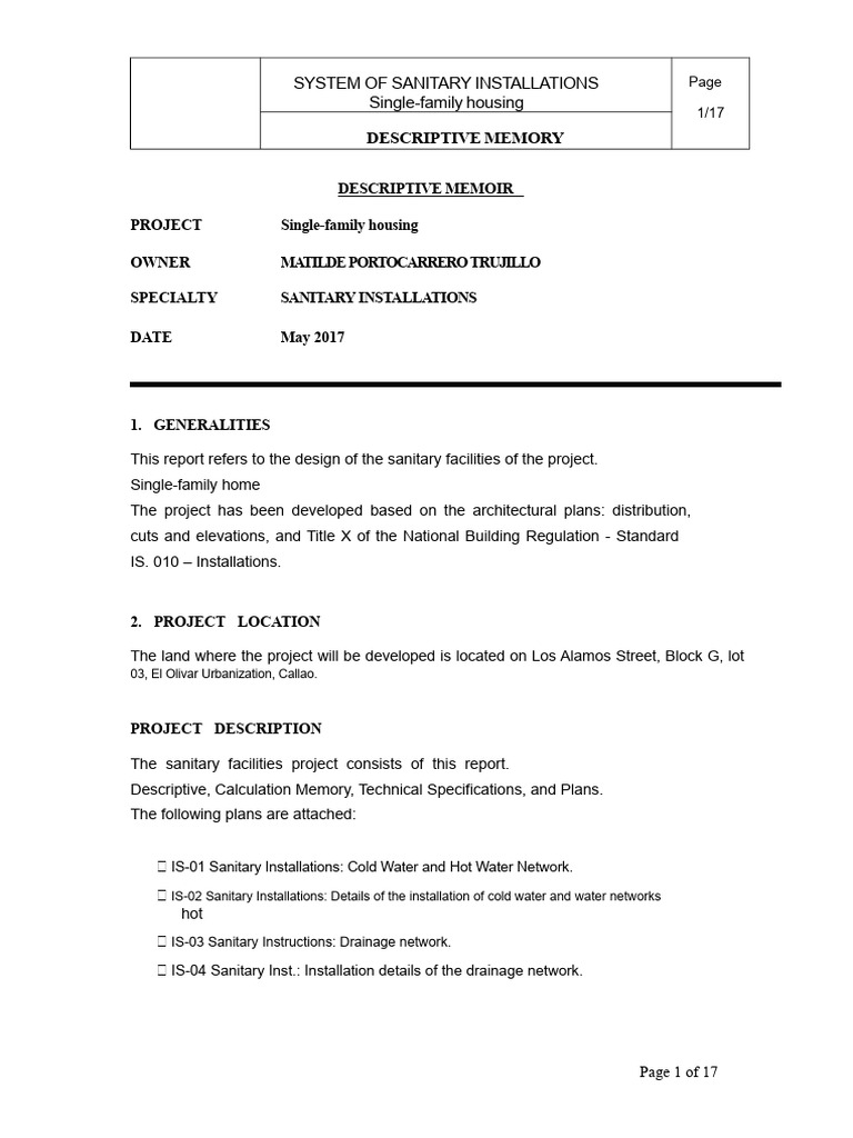 Descriptive Report Of Sanitary Installations Of A Single Family Home