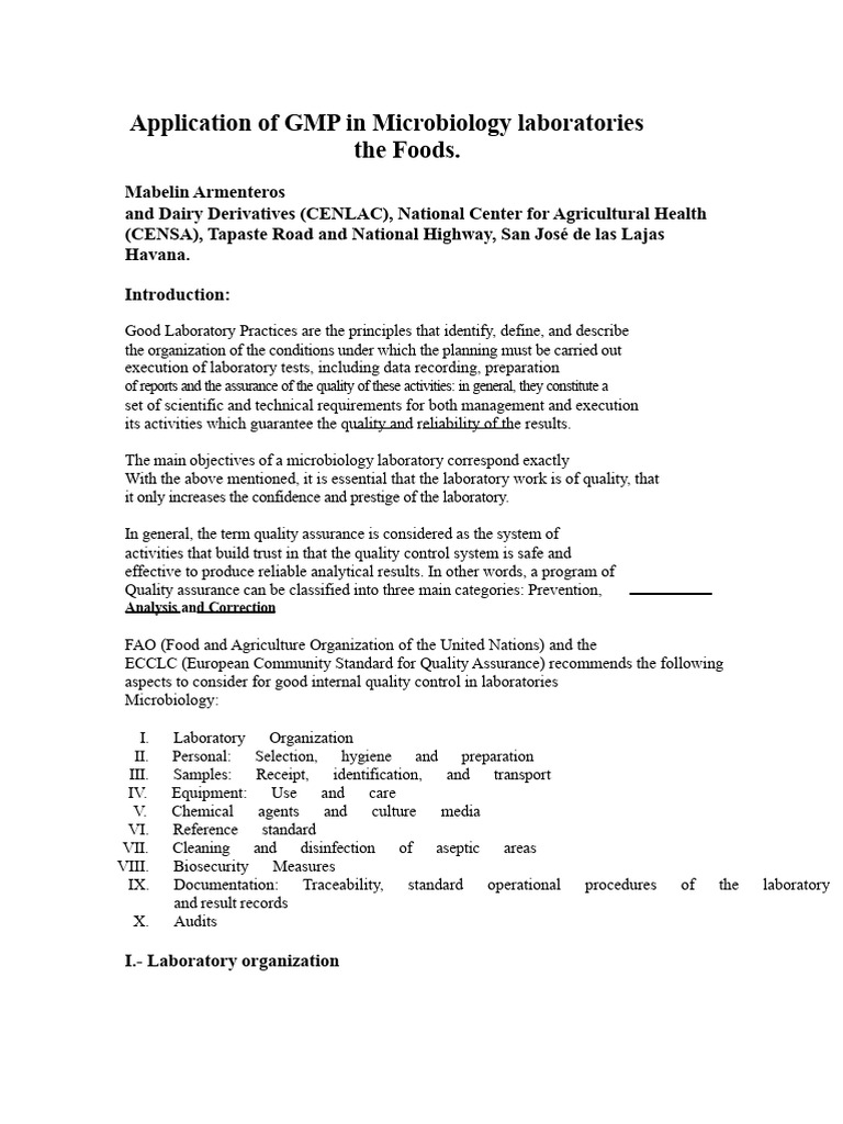 Application of Good Laboratory Practices (GLP) in Food Microbiology ...