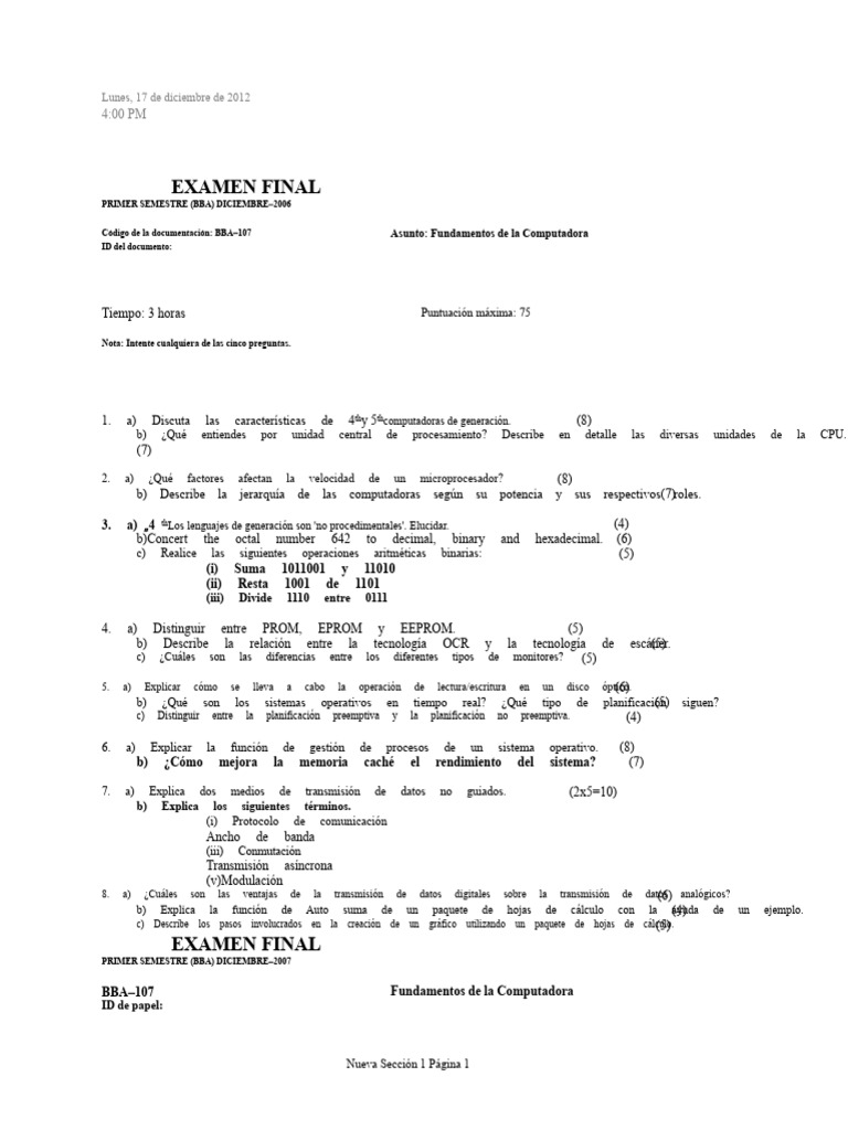 Examen Final Fundamentos de Computación | PDF | Hardware de la ...