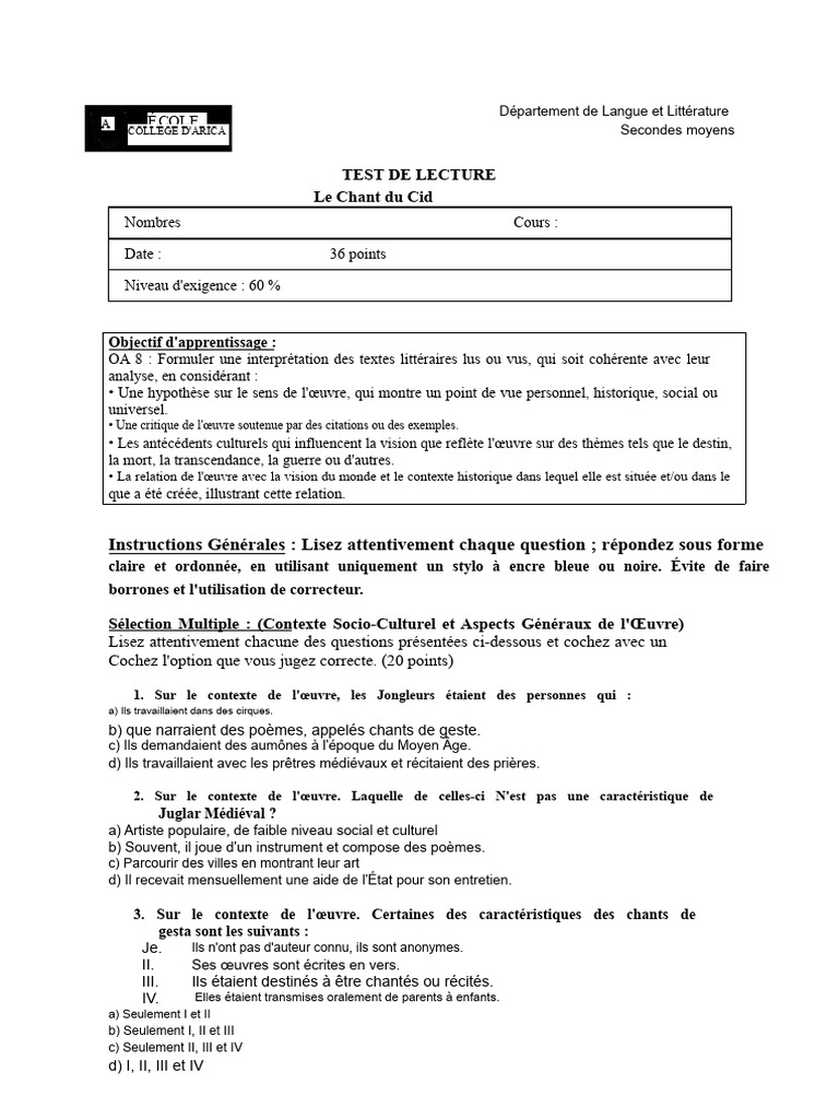 Test de Lecture : Le Chant du Cid | PDF