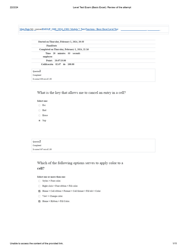 Basic Excel Level Test Review | PDF | Microsoft Excel | Function ...