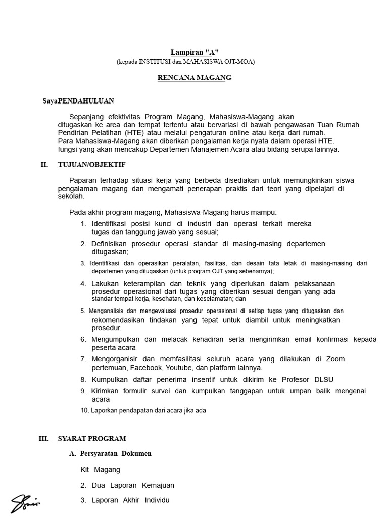 Rencana Magang Mahasiswa DLSU 2021 | PDF