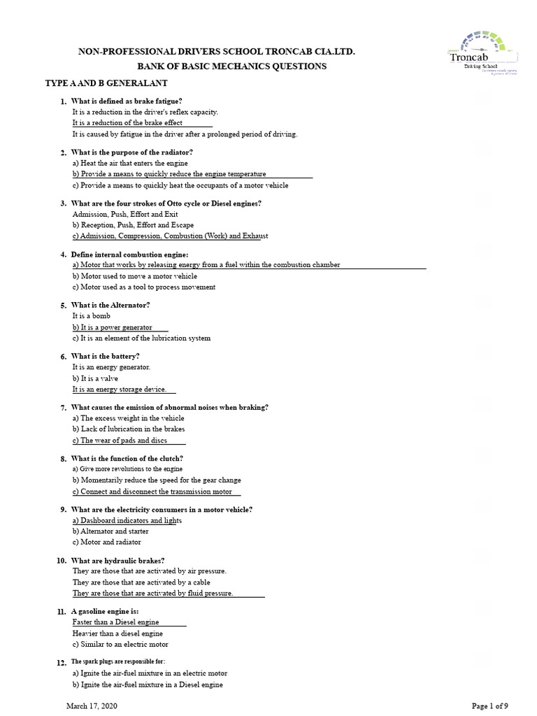 Basic Mechanics Questions for Drivers | PDF | Internal Combustion ...