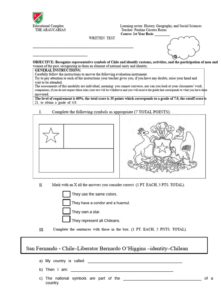 1st Basic History TEST CHILE MY COUNTRY | PDF | Chile