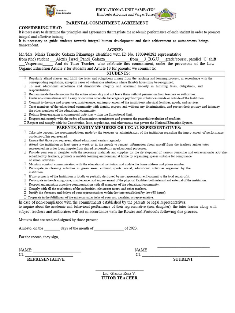 Parental Commitment Agreement Template | PDF | Teachers | Regulatory ...
