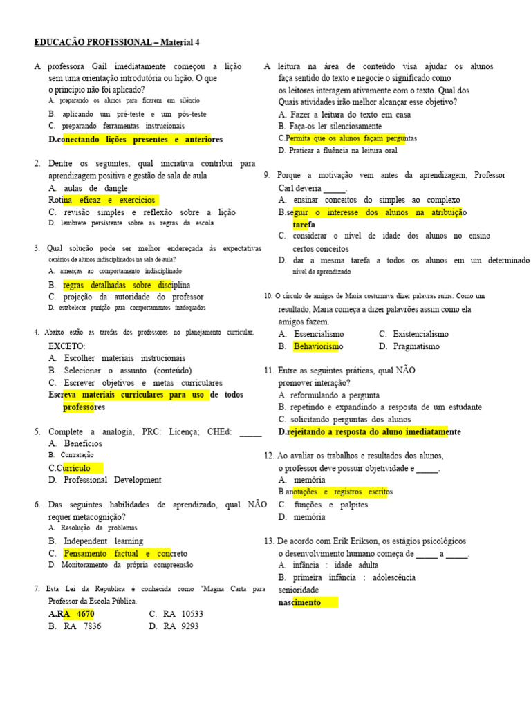 Material de Revisão Do Prof Ed 4 Com RESPOSTAS | PDF | Aprendizado | Lição