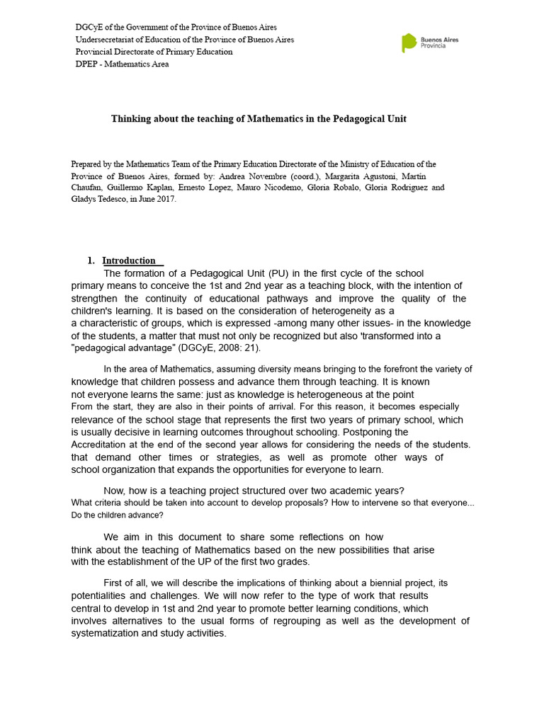 Thinking About The Teaching of Mathematics in The Pedagogical Unit ...