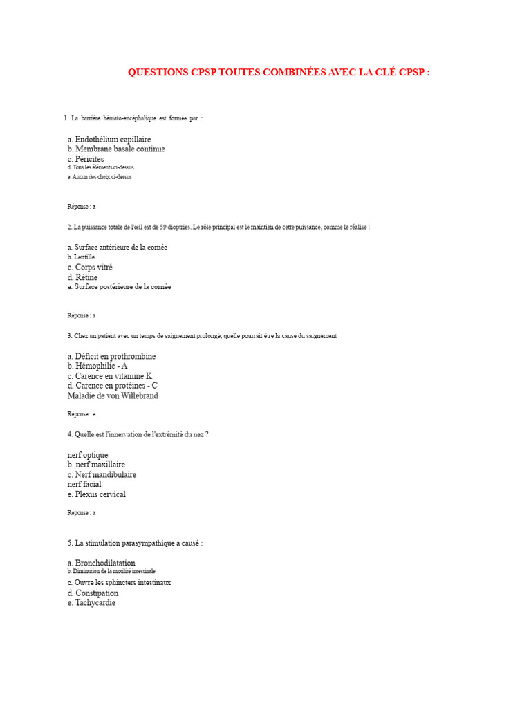 Questions CPSP et réponses clés médicales | PDF | Rein | Anémie