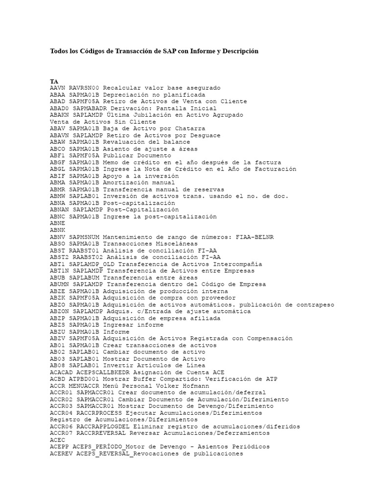 Todos Los Códigos de Transacción de SAP Con Informe y Descripción | PDF ...