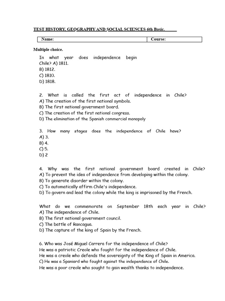 Chilean Independence Quiz for 6th Grade | PDF | Chile | Military Of Spain
