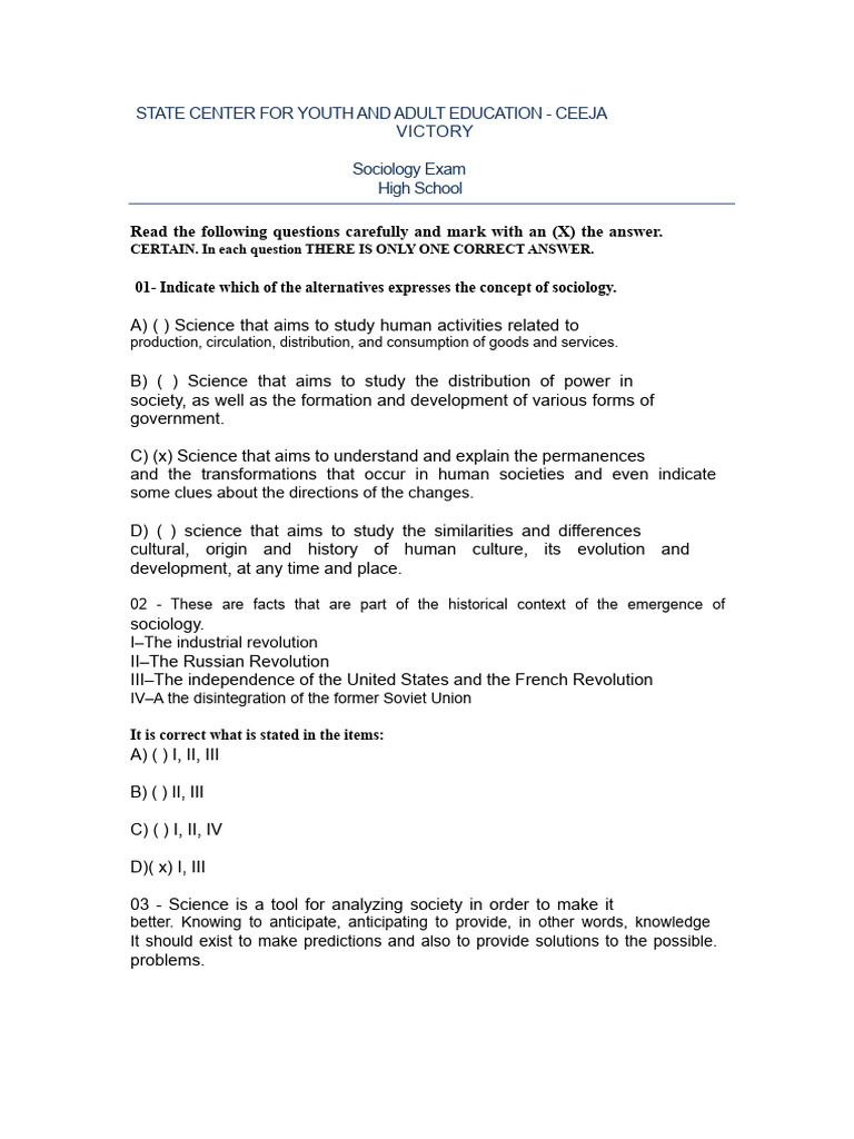 High School Sociology Exam Questions | PDF | Sociology | Society