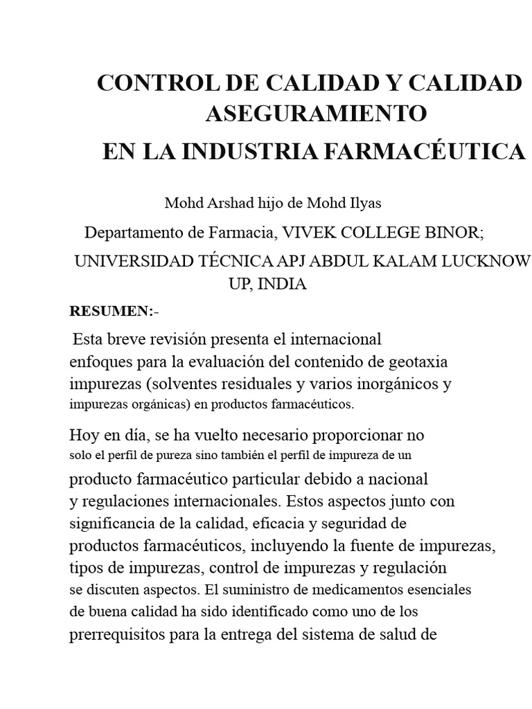 Control de Calidad en la Industria Farmacéutica | PDF | Sistema de ...