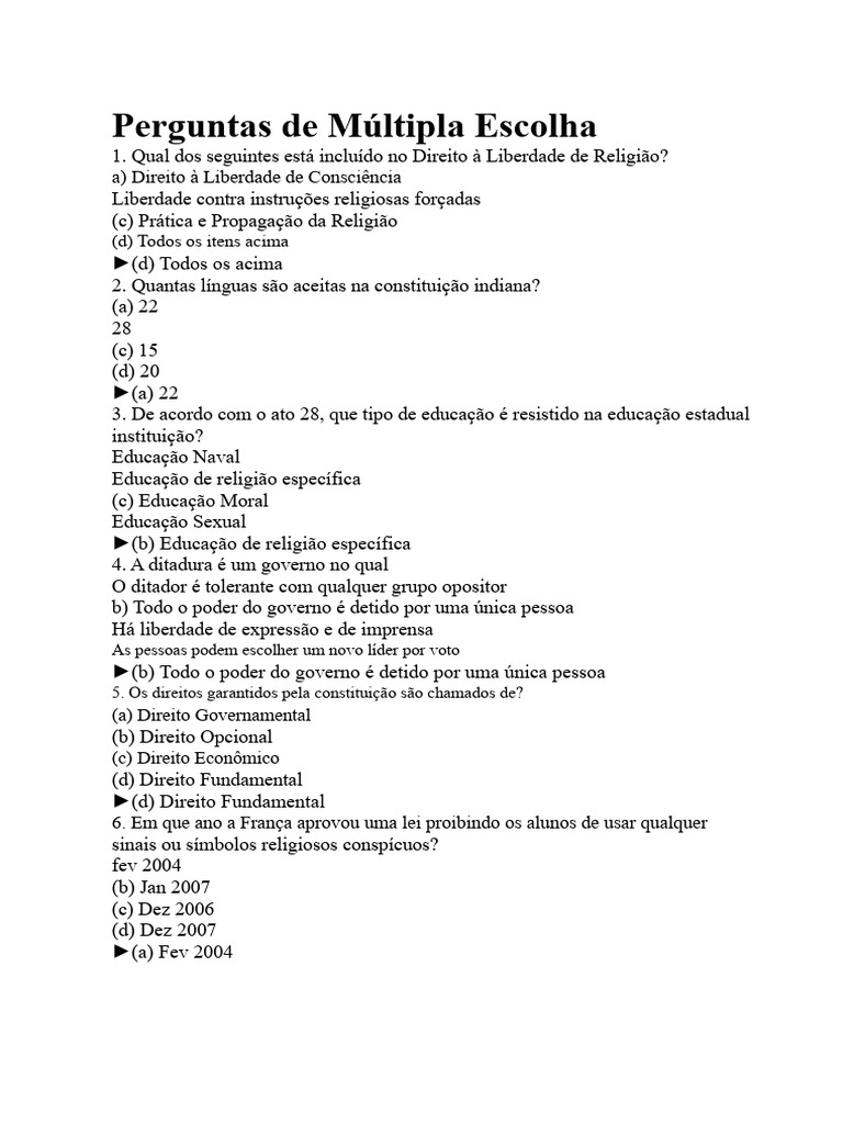 Questões sobre Liberdade Religiosa e Direitos Indígenas | PDF | Estado ...