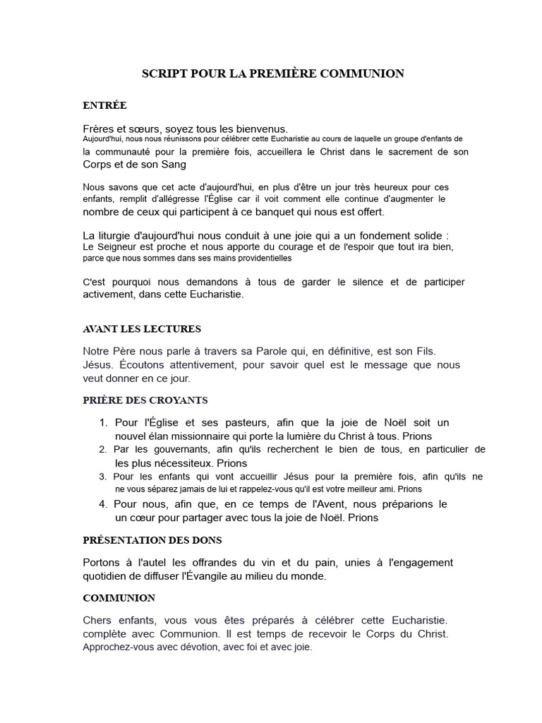 Script de Célébration de Première Communion | PDF