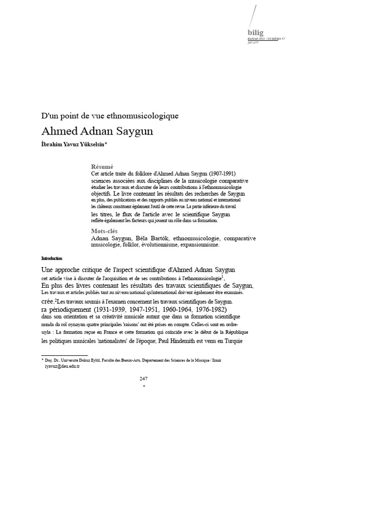 Ahmed Adnan Saygun Du Point de Vue de L'ethnomusicologie | PDF ...
