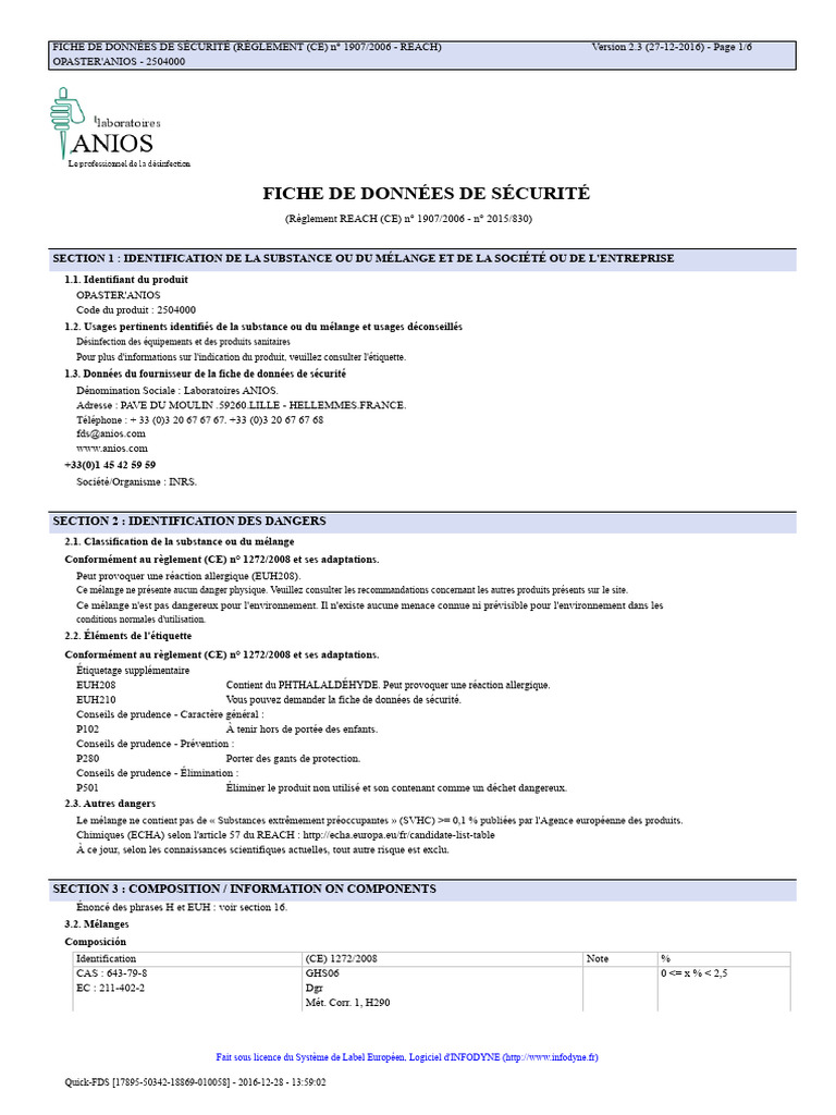 Fiche de sécurité OPASTER'ANIOS 2504000 | PDF | Substances chimiques ...