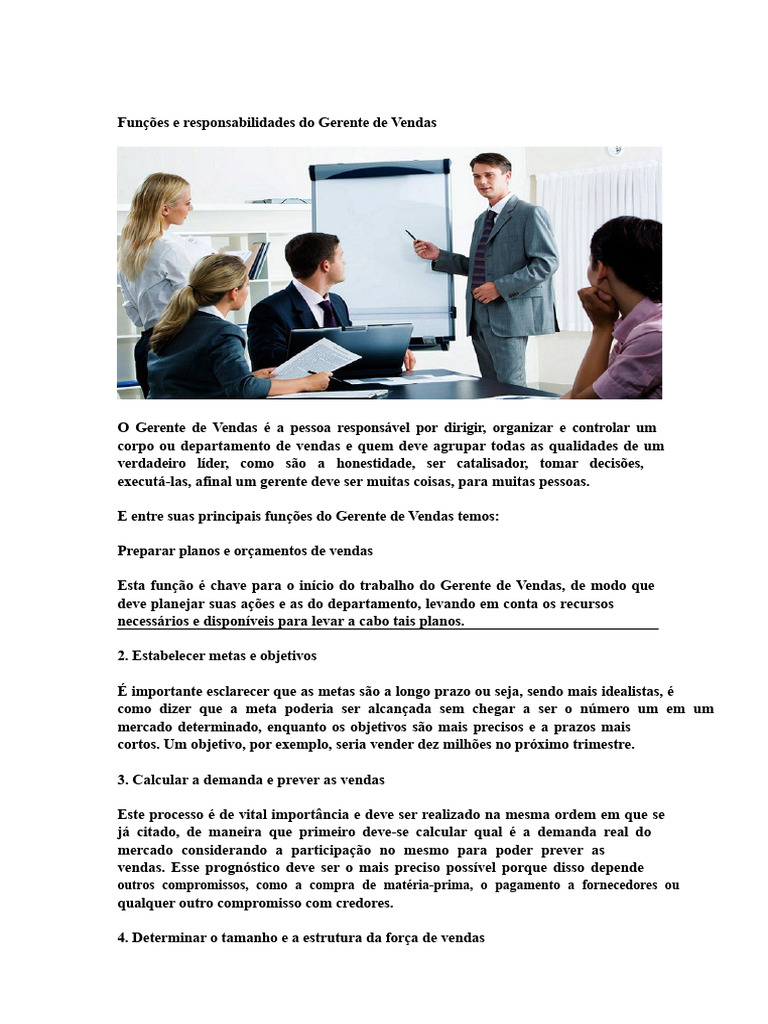 Funções e Responsabilidades Do Gerente de Vendas | PDF | Recrutamento ...