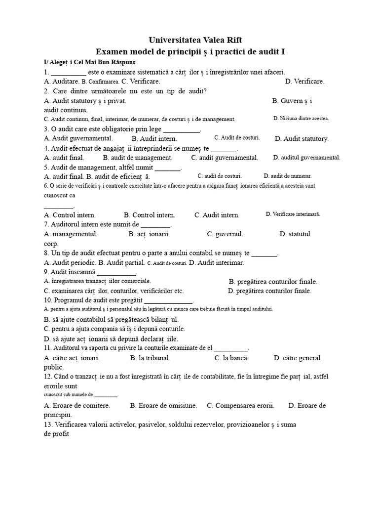 Examen Model de Principii Și Practici de Audit I | PDF
