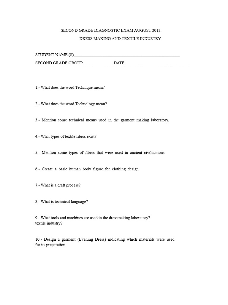 Second Grade Diagnostic Exam August 2013 | PDF | Textiles | Clothing