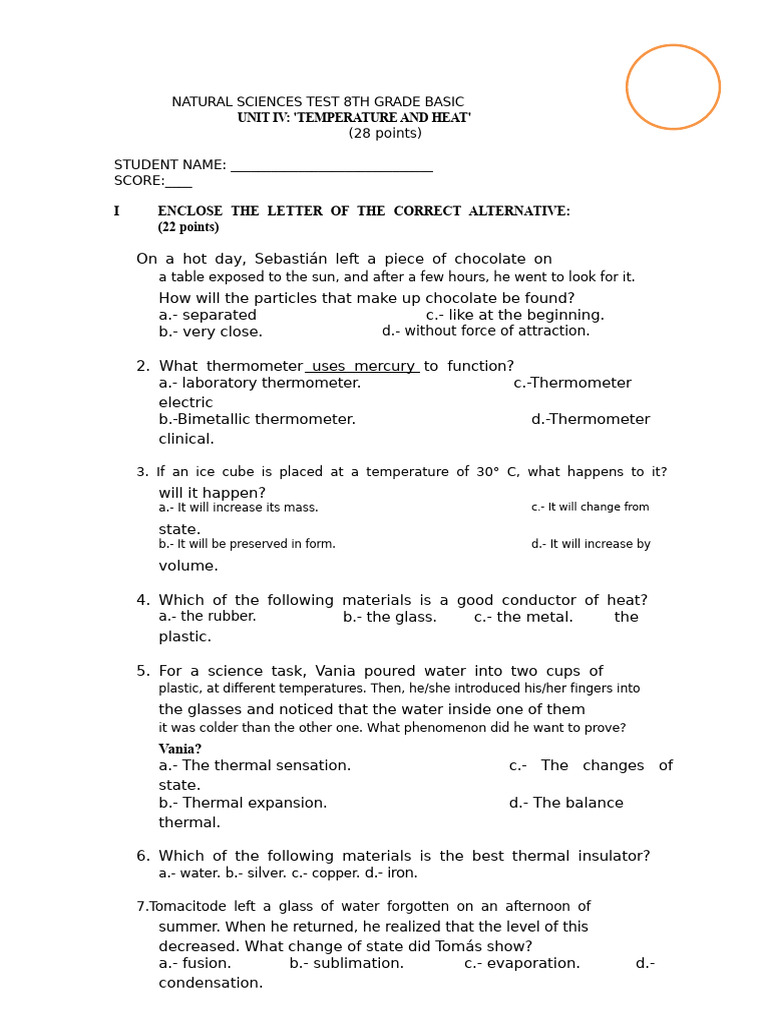 8th Grade Natural Science: Heat & Temperature Test | PDF | Heat | Heat ...