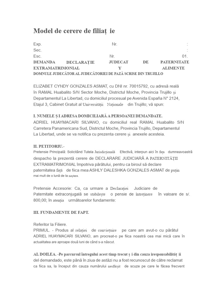 Model de Cerere de Filiatie | PDF