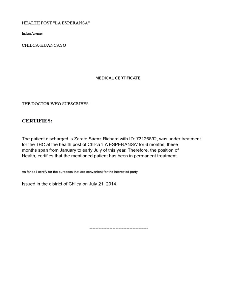 Medical Certificate for TBC Treatment | PDF