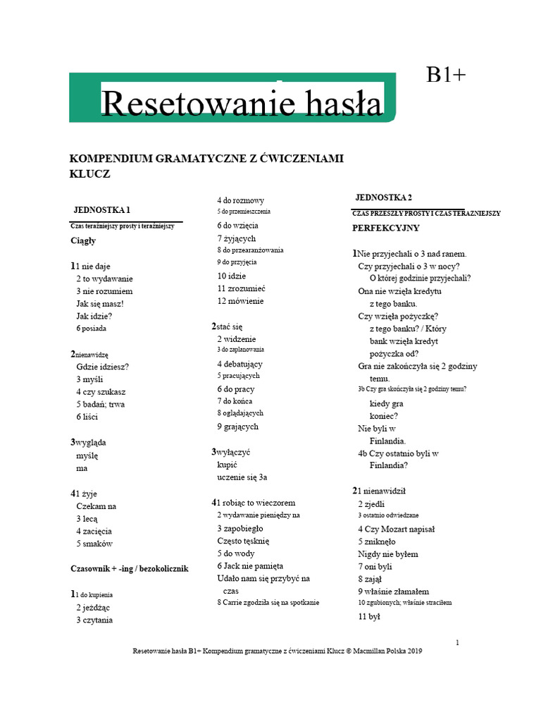 Resetowanie Hasła B1 Kompendium Gramatyczne Z Ćwiczeniami Klucz | PDF