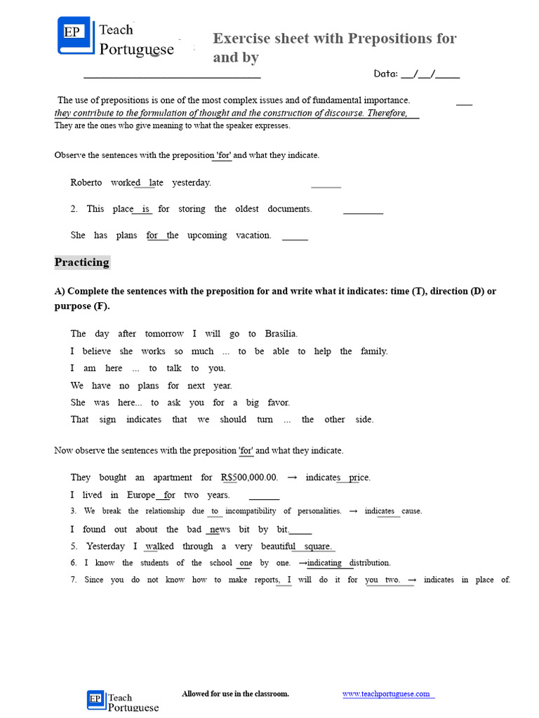 Exercise Sheet With Prepositions For and by | PDF