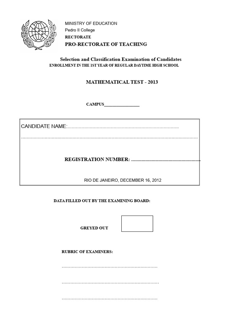 Mathematical Test - Pedro Ii in 2013 | PDF | Area | Equations