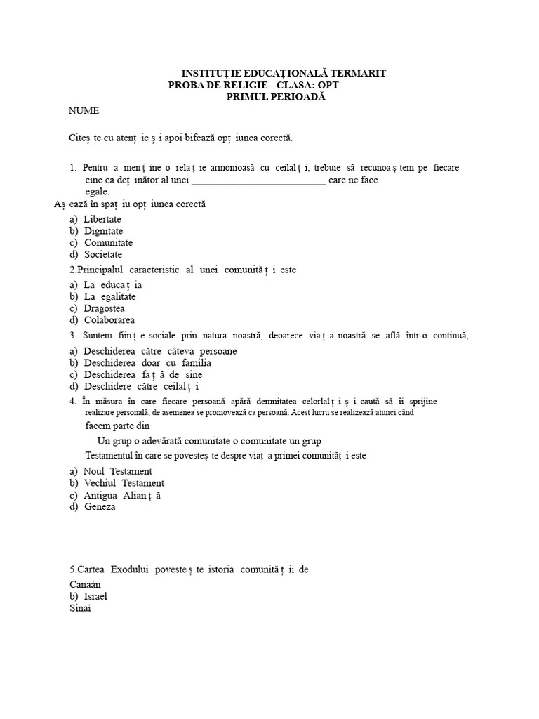 Test de Religie Clasa A 8-A - Perioada 1 | PDF