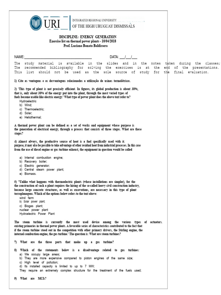 Thermal Power Plant Exercise Guide | PDF | Power Station | Electricity ...
