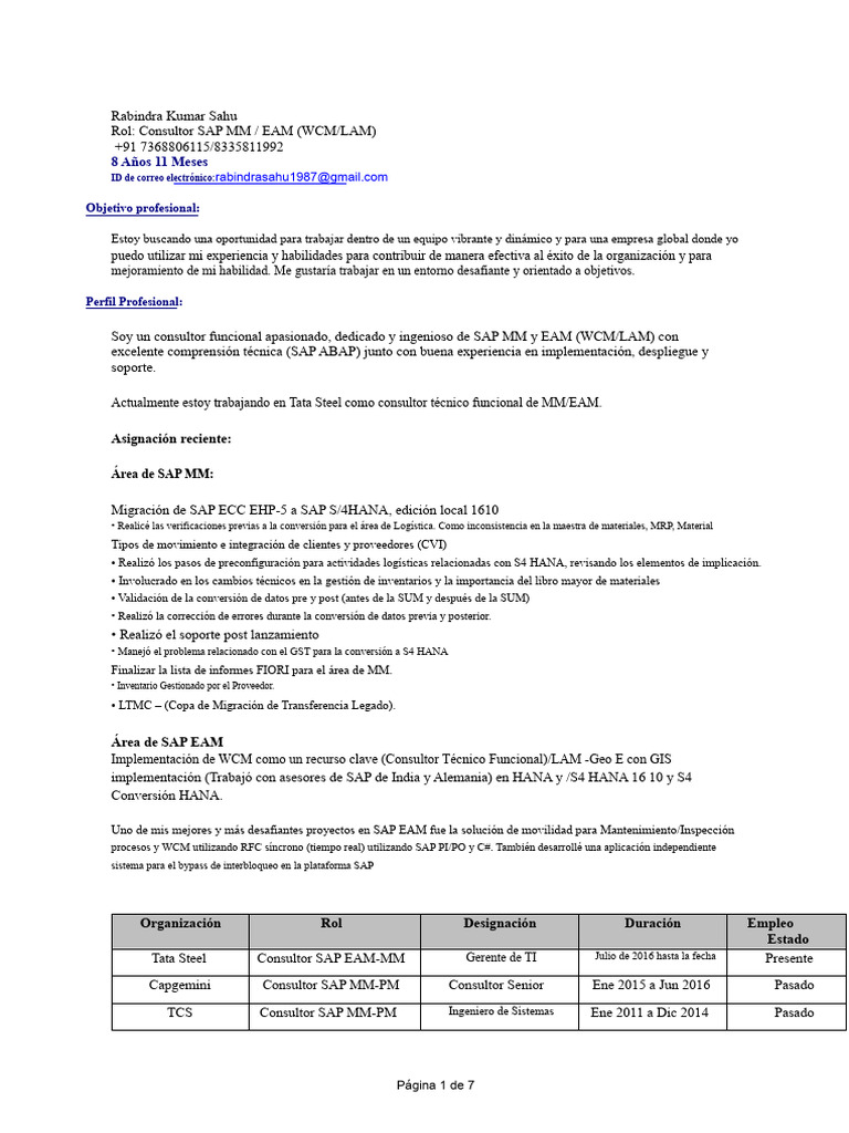 Resumen de Rabindra Kumar Sahu - Perfil de SAP MM, EAM, WCM | PDF ...
