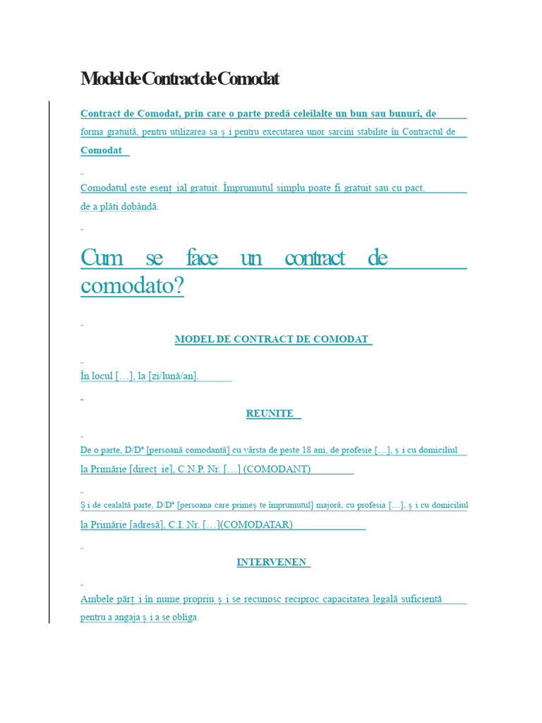 Model de Contract de Comodat | PDF