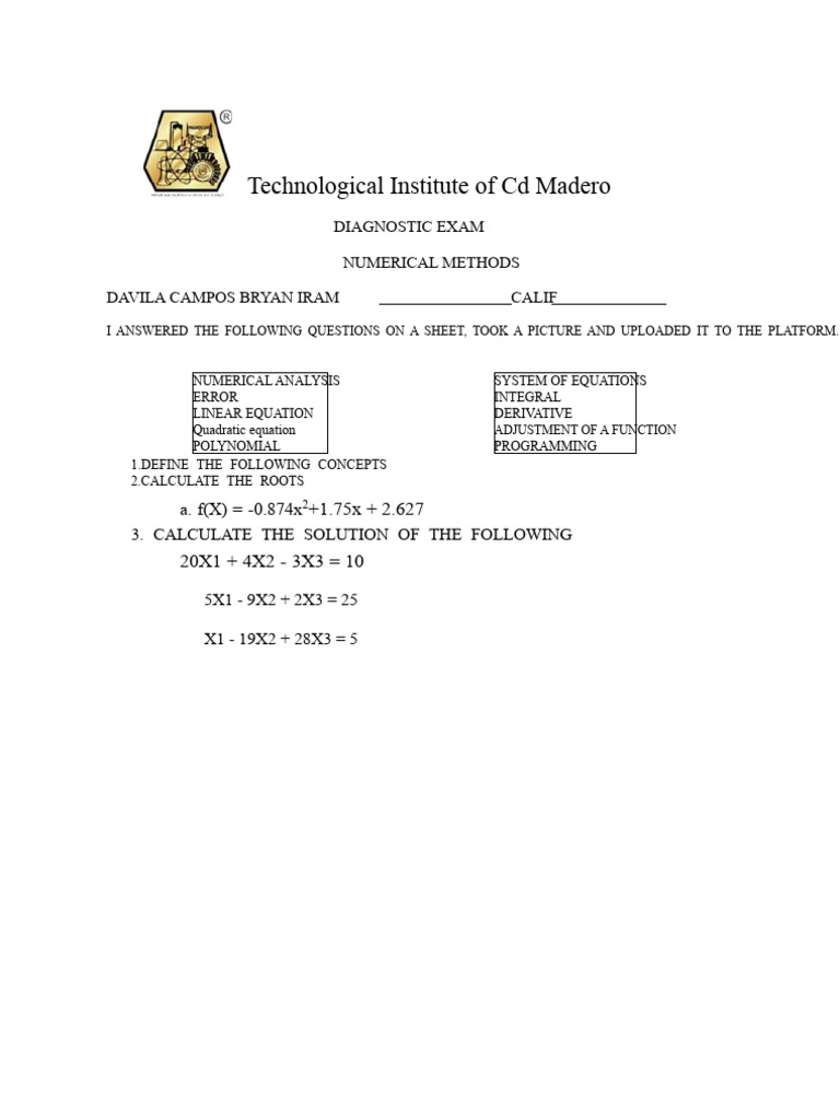 Diagnostic Exam on Numerical Methods | PDF