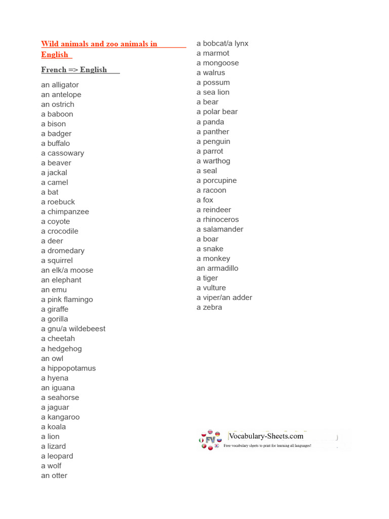 List of Animals in English PDF | PDF