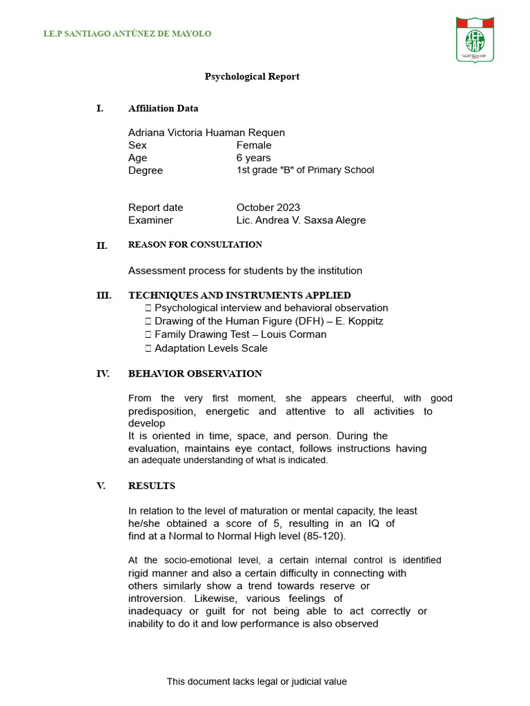 Psychological Report Adaptation | PDF | Self Esteem | Psychology