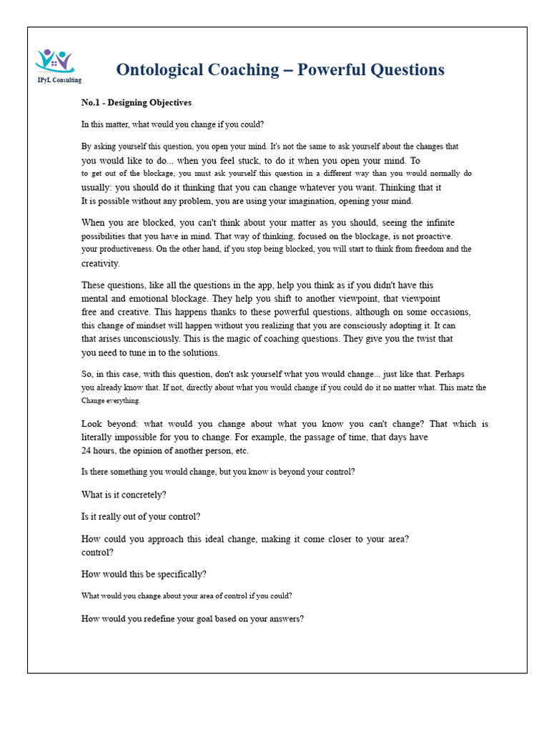 Powerful Questions in Ontological Coaching | PDF | Mind | Ontology