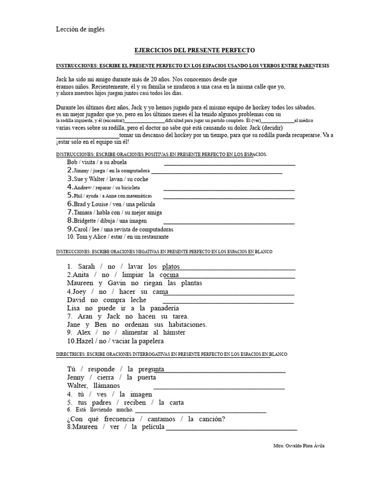 Ejercicios de Presente Perfecto en Inglés | PDF