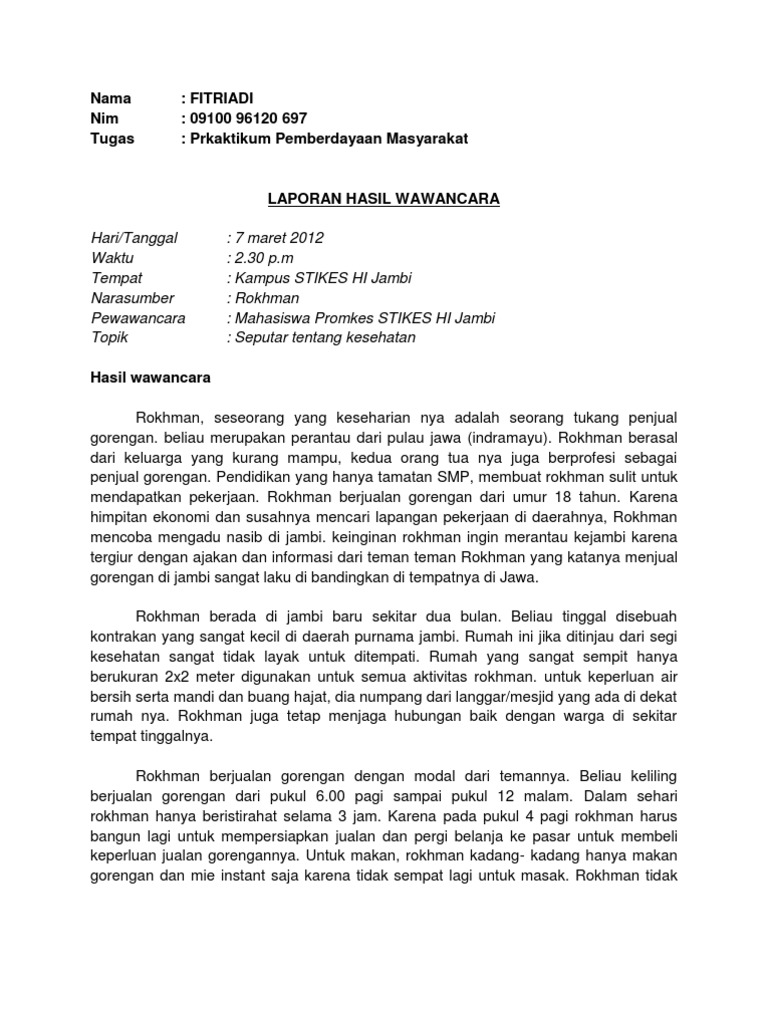 Contoh Laporan Hasil Wawancara Dunia Sosial